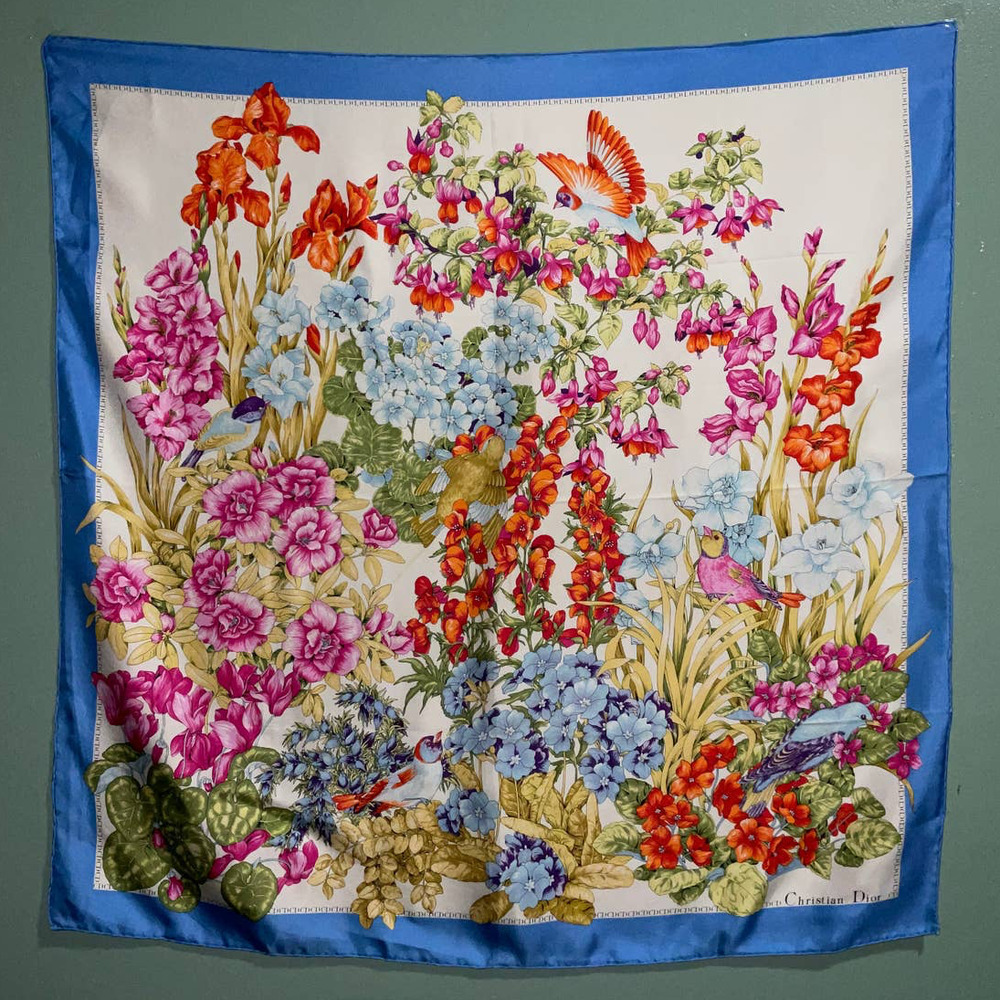 Christian Dior 32” Square 100% Silk Scarf Blue Multicolored Birds & Floral Print - Picture 16 of 16